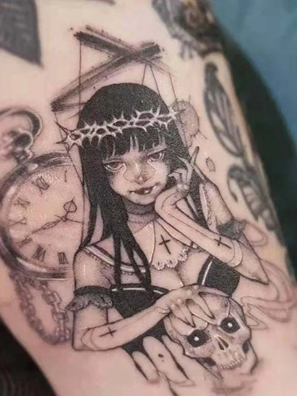 1 hoja de pegatina de tatuaje con patrón de bruja y Calavera