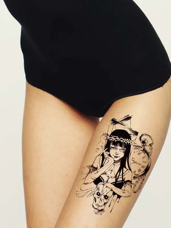 1 hoja de pegatina de tatuaje con patrón de bruja y Calavera