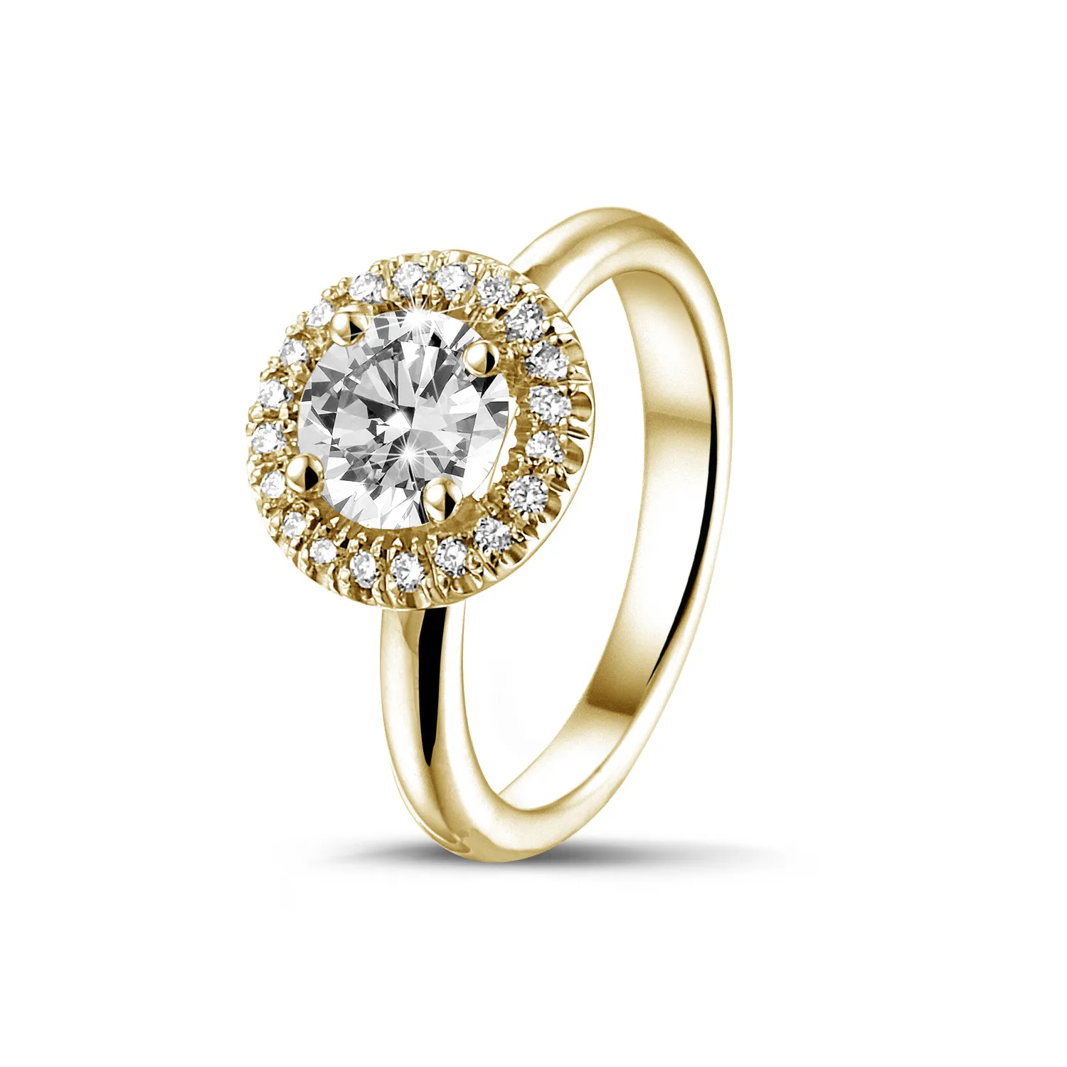 1.25 quilates Halo anillo solitario en oro amarillo con diamantes redondos 