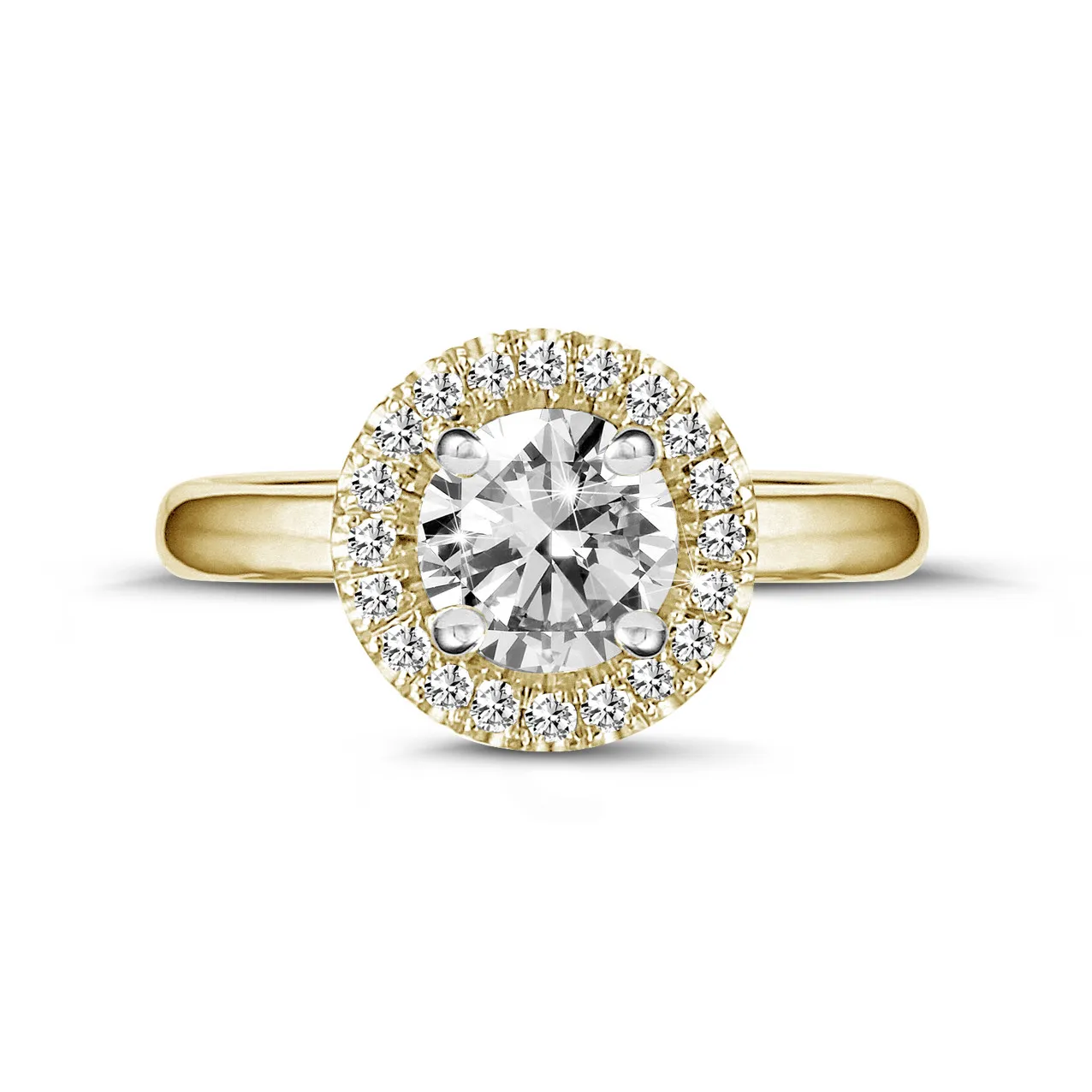 1.25 quilates Halo anillo solitario en oro amarillo con diamantes redondos 