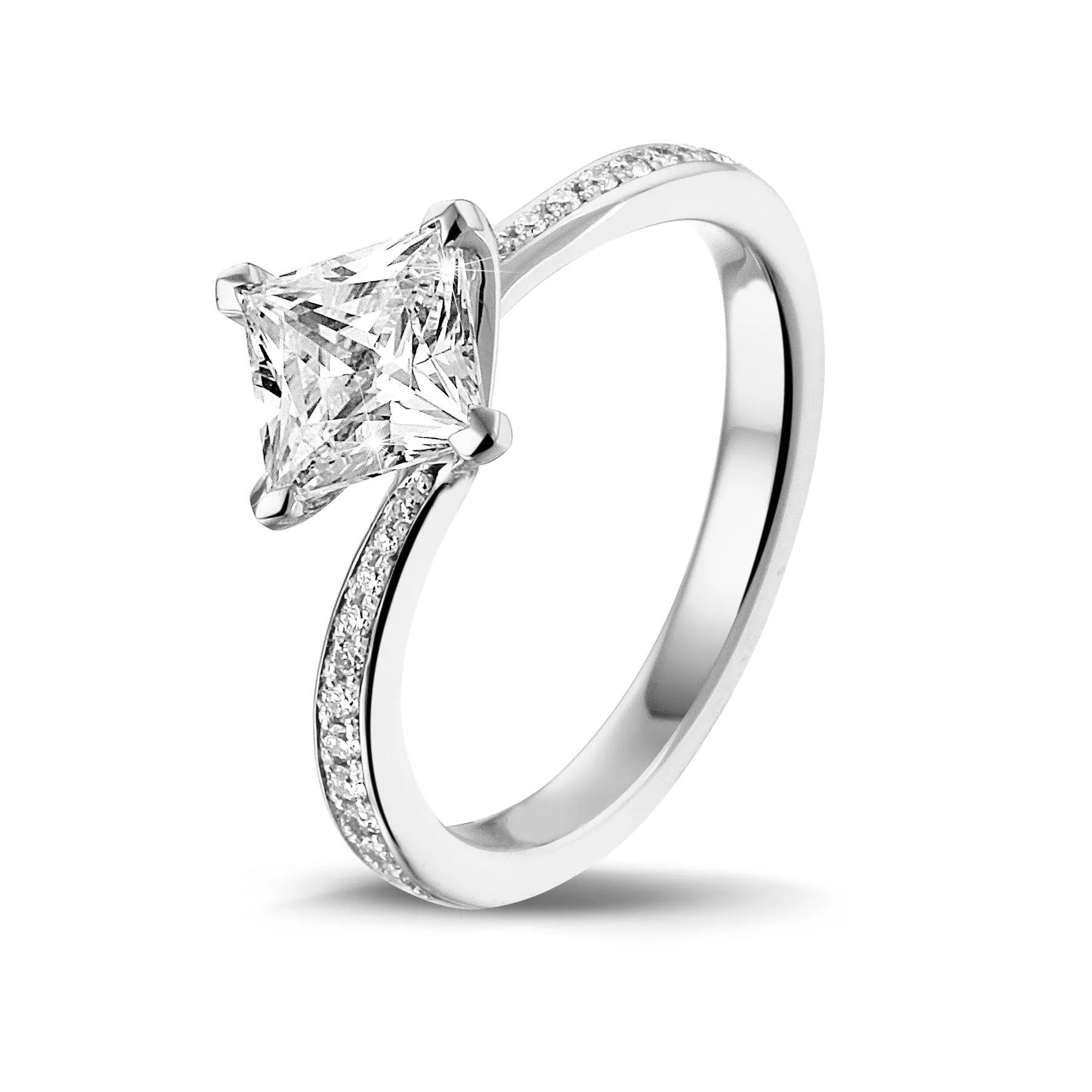 2.00 quilates anillo solitario en platino con diamante talla princesa y diamantes laterales 