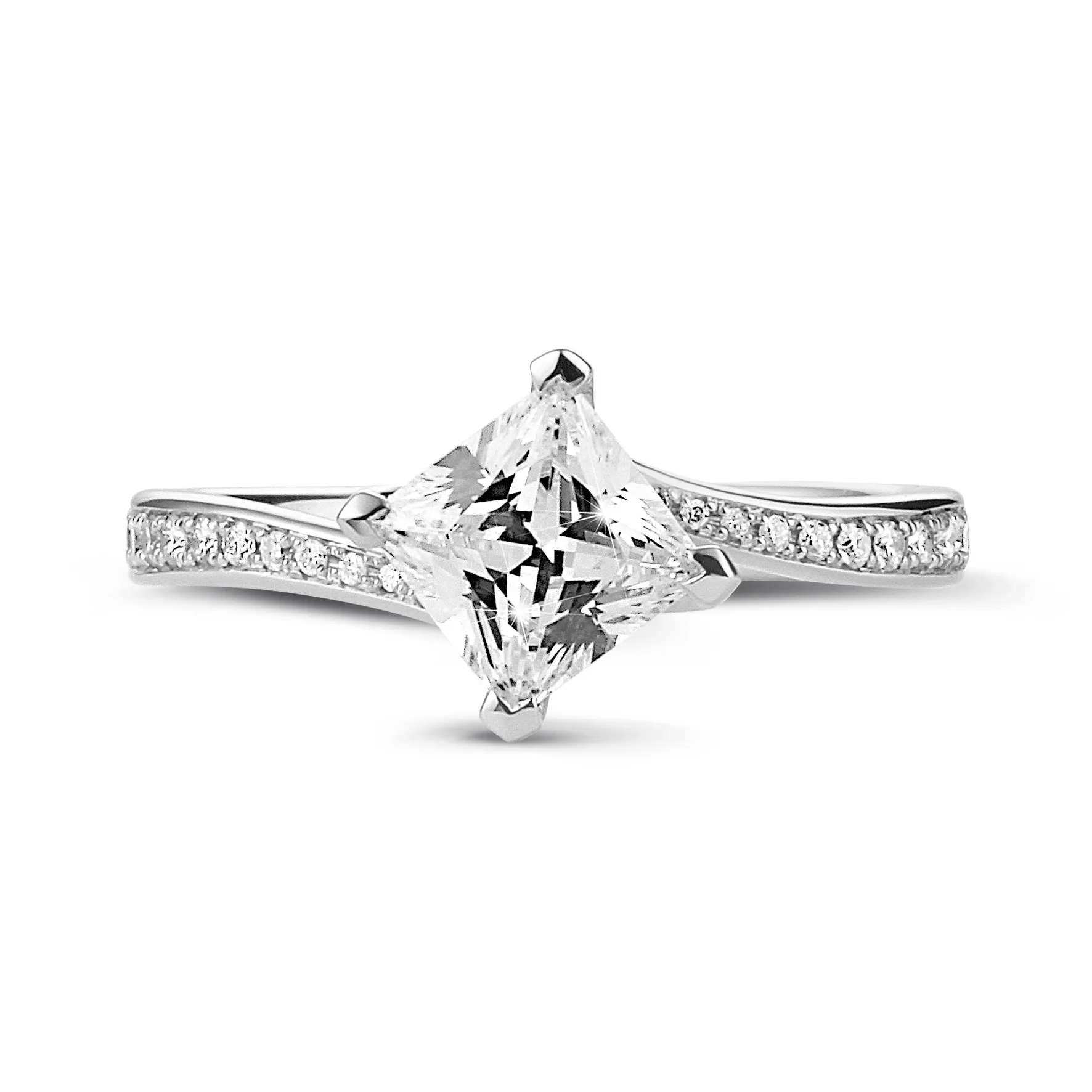 2.00 quilates anillo solitario en platino con diamante talla princesa y diamantes laterales 