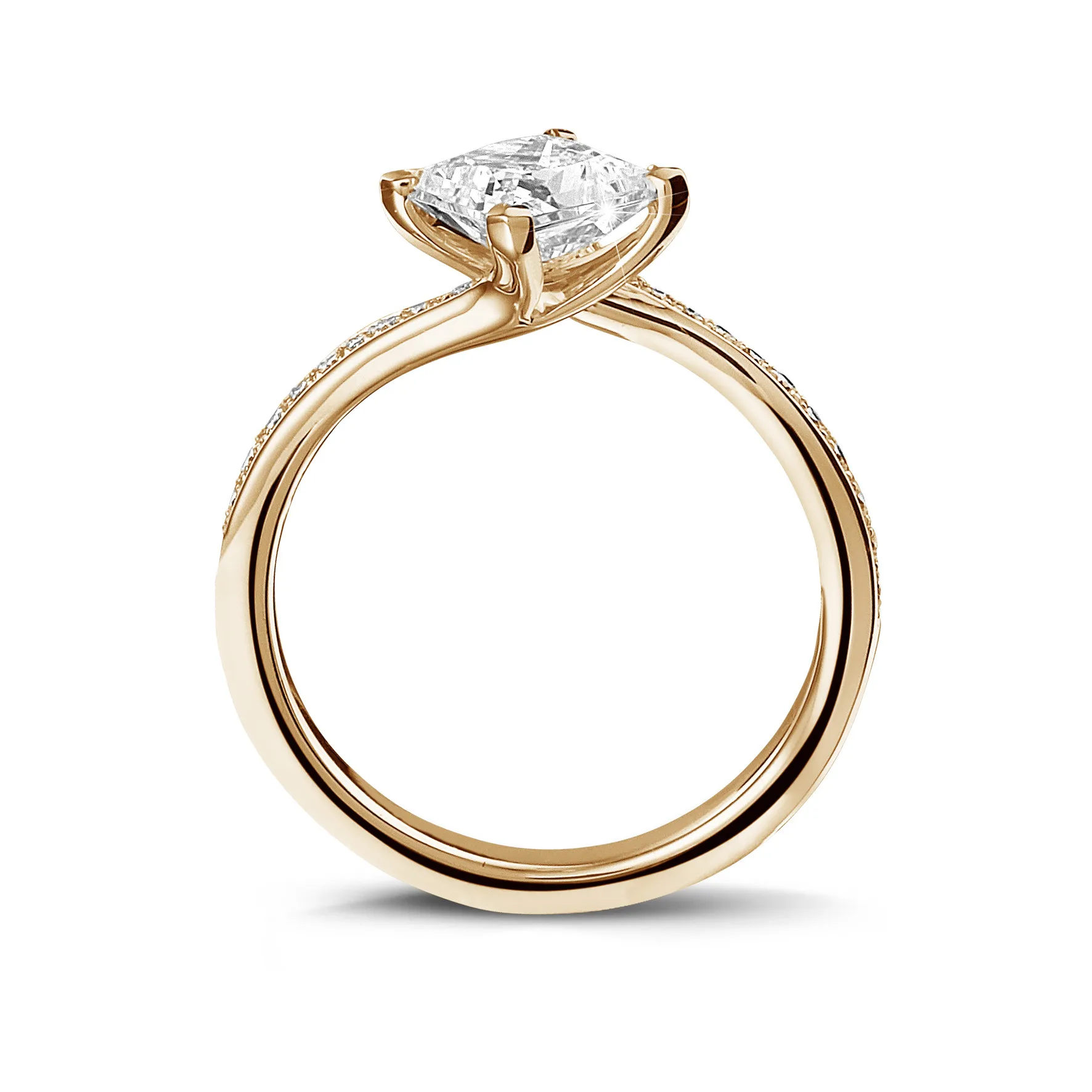 2.50 quilates anillo solitario en oro rojo con diamante talla princesa y diamantes laterales 
