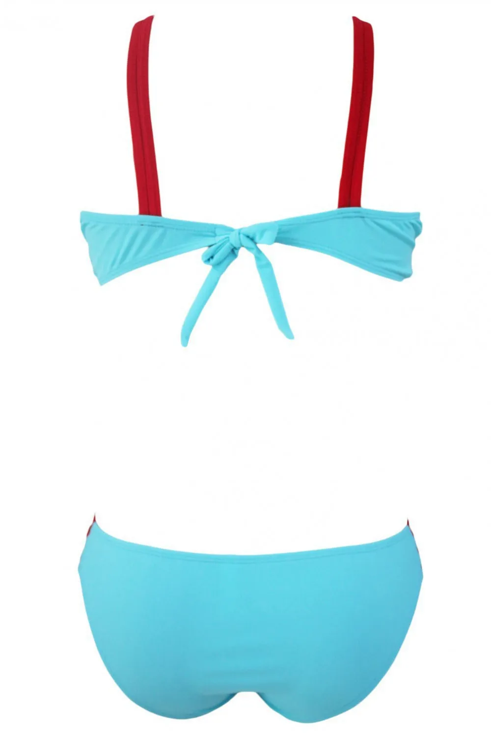 Bikini azul claro con lazos rojos