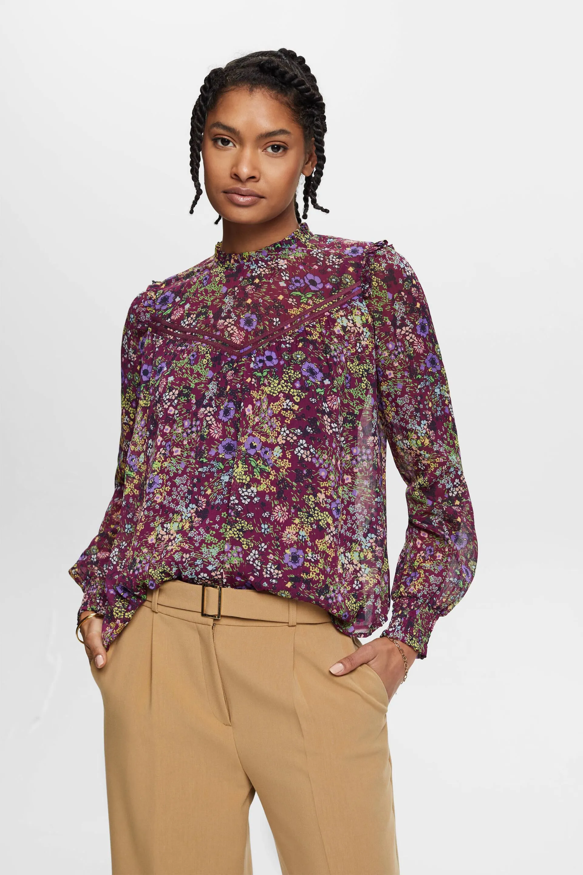 Blusa floral de gasa con fruncido