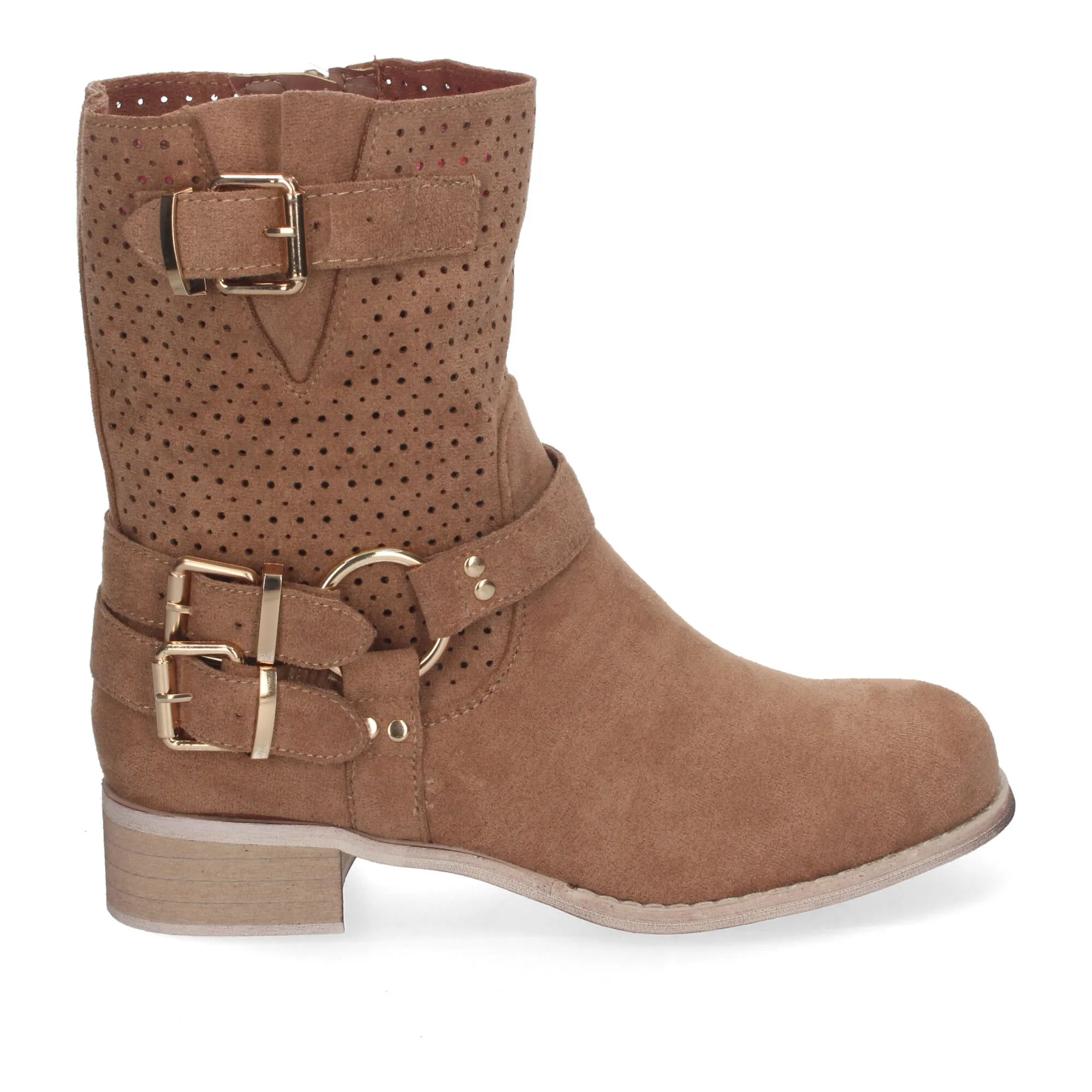 Botines de tacón bajo calados estilo motero mujer color beige L1002