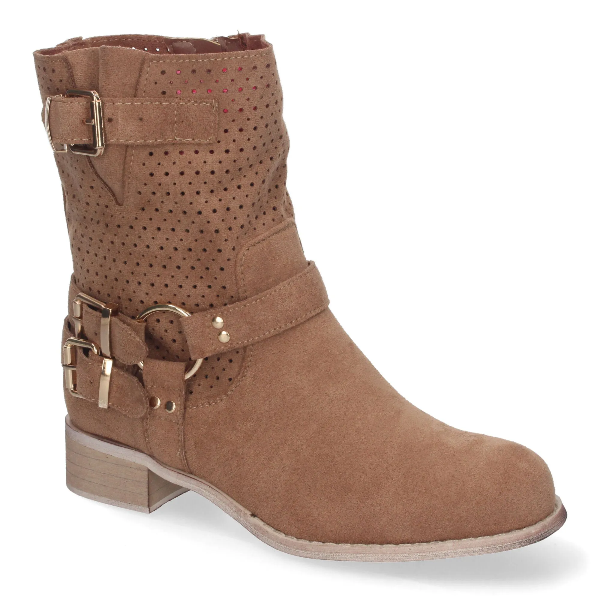 Botines de tacón bajo calados estilo motero mujer color beige L1002