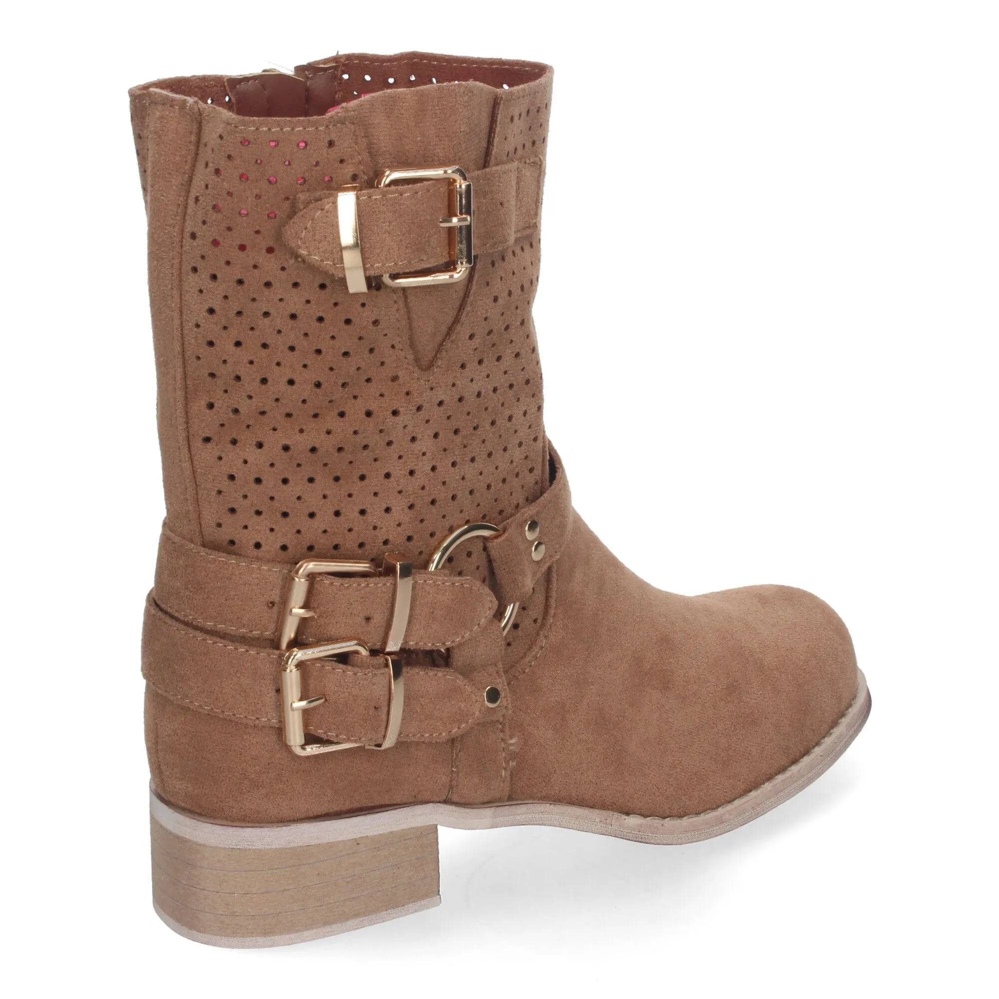 Botines de tacón bajo calados estilo motero mujer color beige L1002