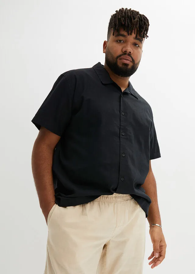 Camisa de manga corta y corte holgado con lino Negro
