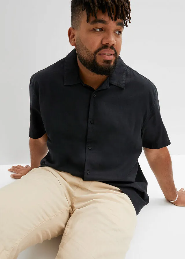 Camisa de manga corta y corte holgado con lino Negro