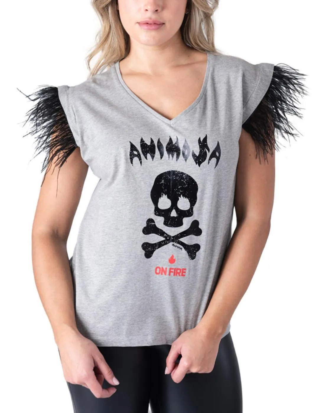 Camiseta Animosa On Fire gris mangas con pluma para mujer