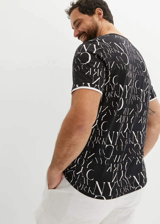 Camiseta con cuello henley, corte ajustado y manga corta Negro estampado