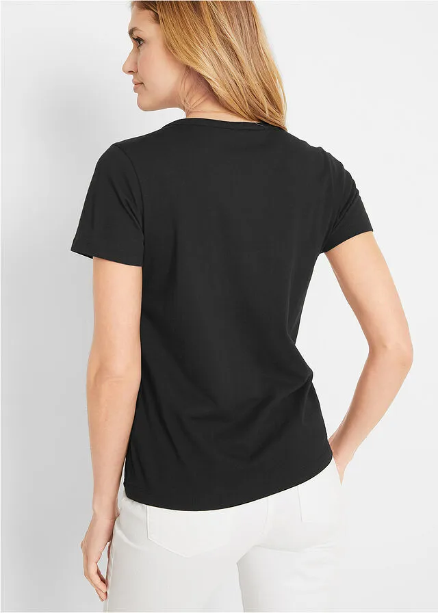 Camiseta con escote decorativo Negro