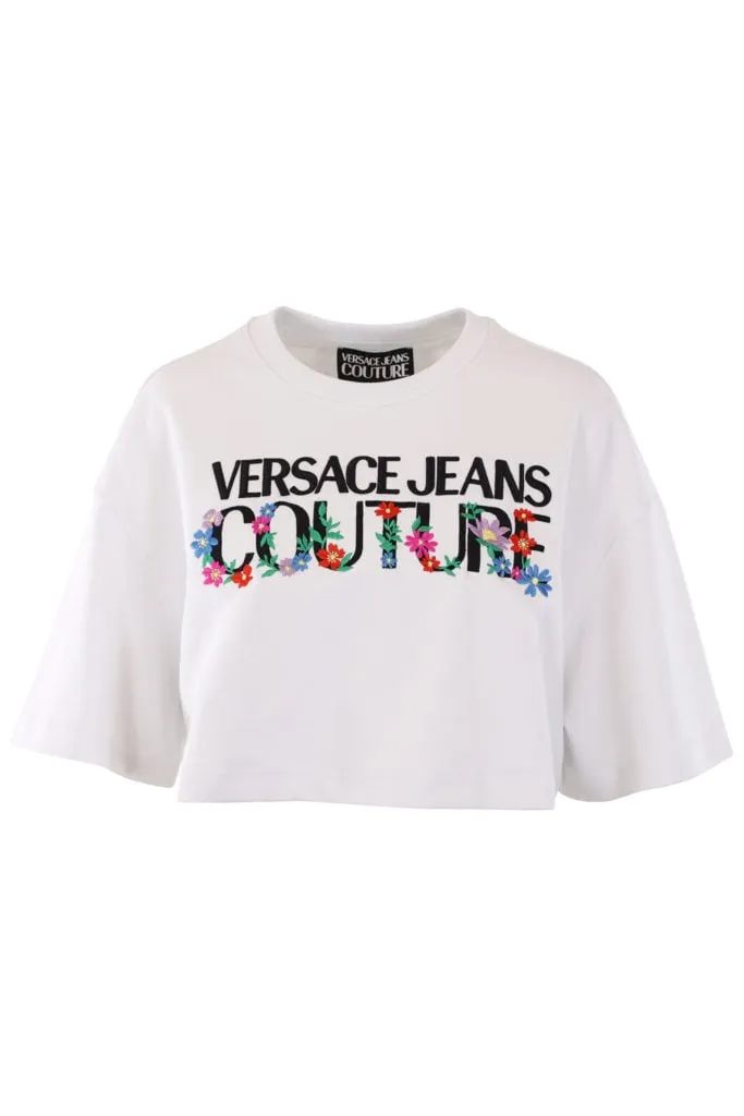 Camiseta corta blanca con logo flores