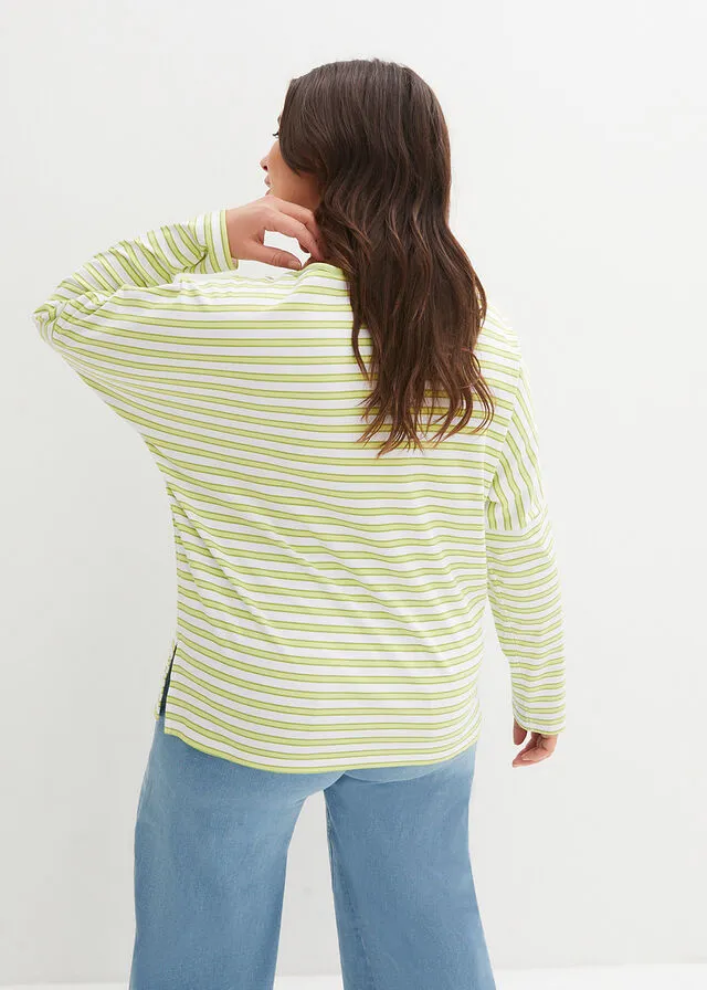 CAMISETA DE ALGODóN ORGáNICO CON ESTILO BOXY Y MANGA LARGA BLANCOVERDE PERA DE RAYAS