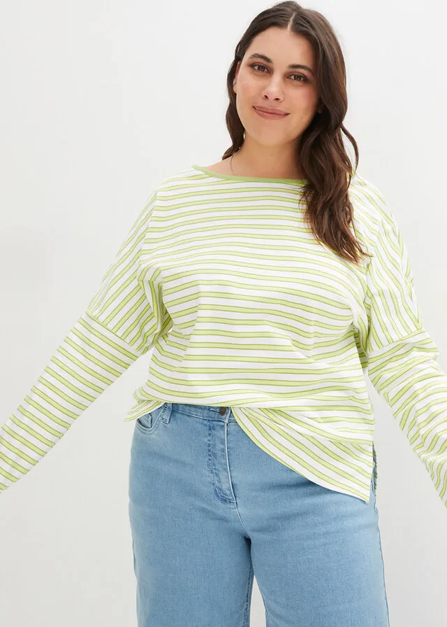 CAMISETA DE ALGODóN ORGáNICO CON ESTILO BOXY Y MANGA LARGA BLANCOVERDE PERA DE RAYAS