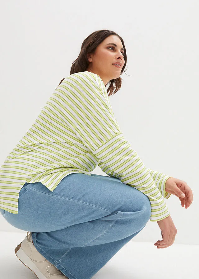 CAMISETA DE ALGODóN ORGáNICO CON ESTILO BOXY Y MANGA LARGA BLANCOVERDE PERA DE RAYAS