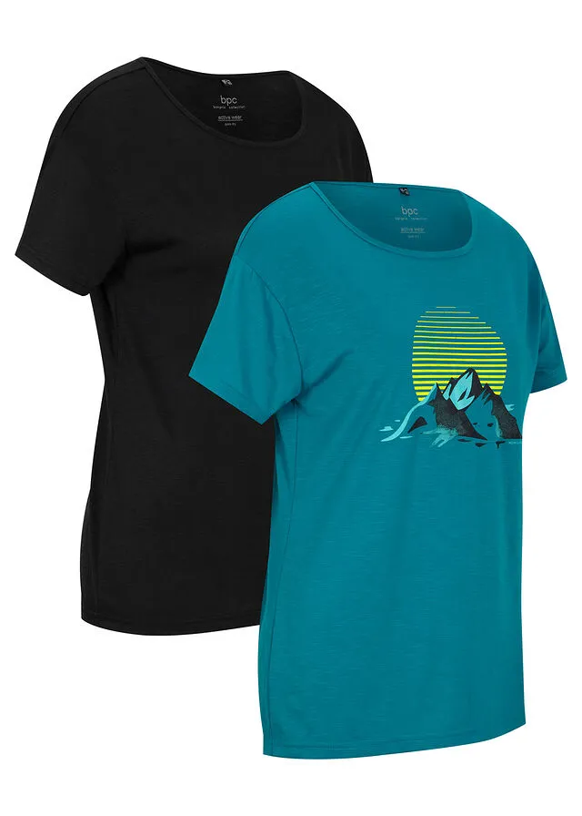 Camiseta funcional, secado rápido, 2 unidades turquesa profundo+negro