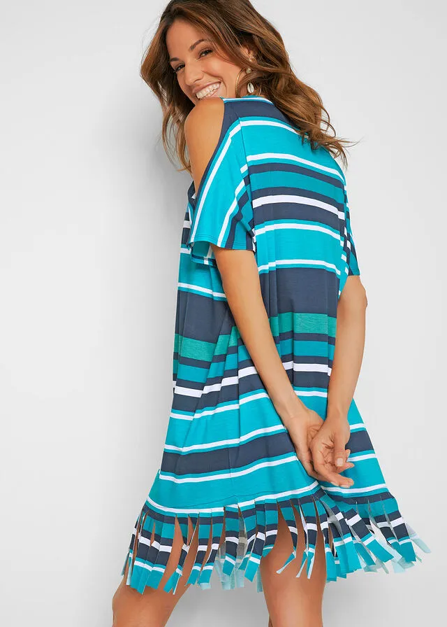 Camiseta larga de playa con aberturas y de viscosa sostenible azul / turquesa con rayas