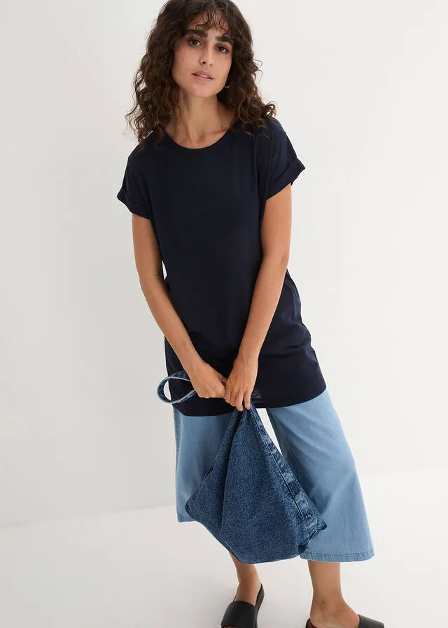 Camiseta larga estilo boxy de manga corta Azul oscuro