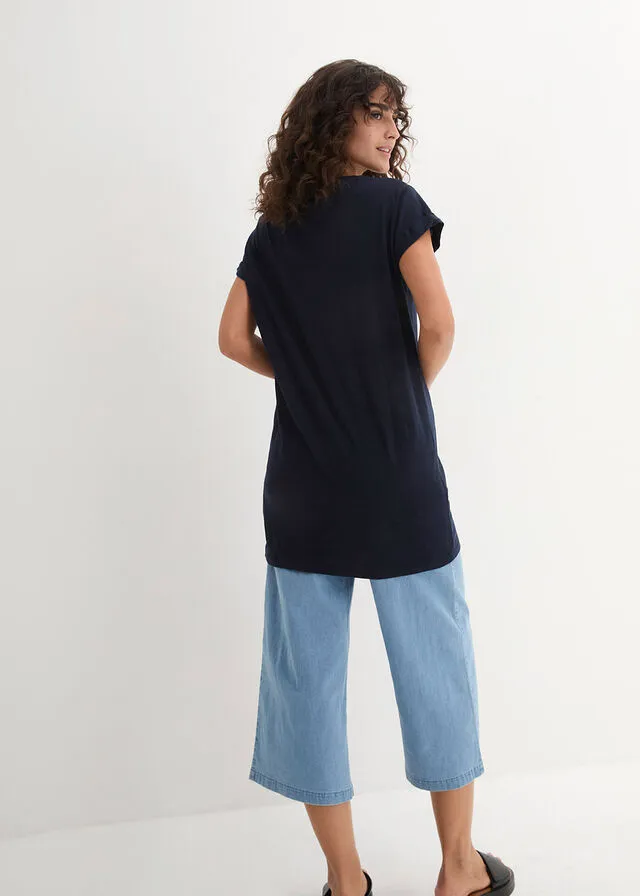 Camiseta larga estilo boxy de manga corta Azul oscuro