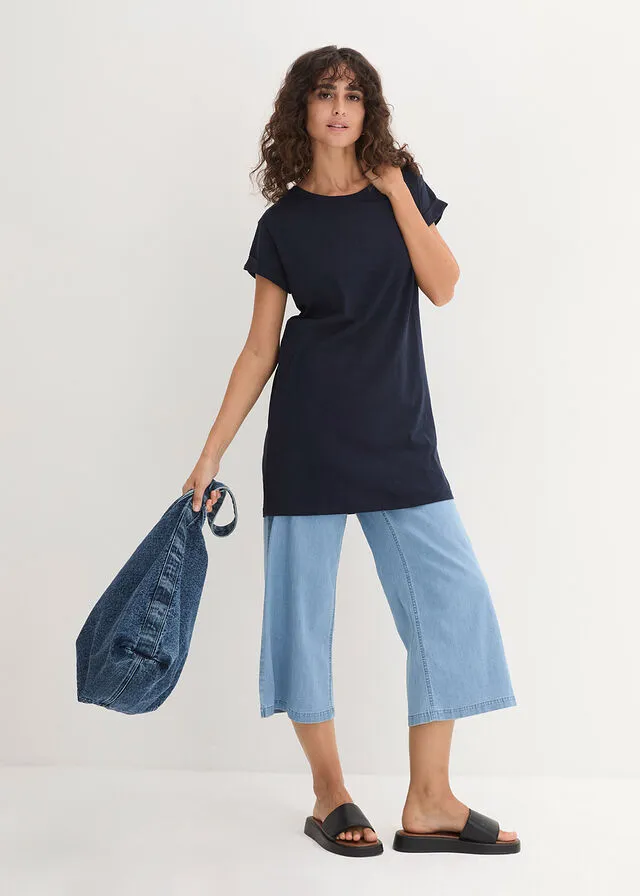 Camiseta larga estilo boxy de manga corta Azul oscuro