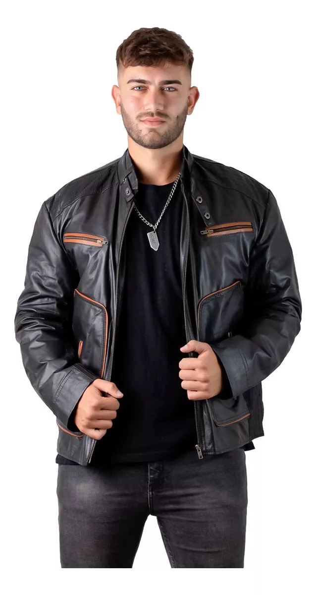 Campera Cuero Vacuno Hombre Motoquera Combinada Con Naranja