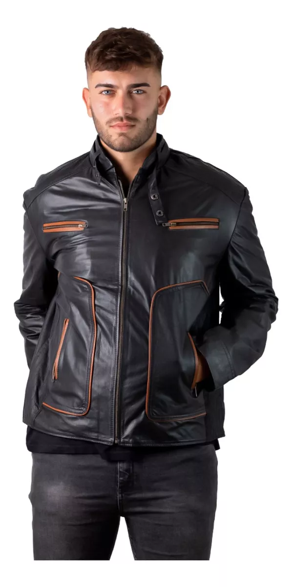 Campera Cuero Vacuno Hombre Motoquera Combinada Con Naranja