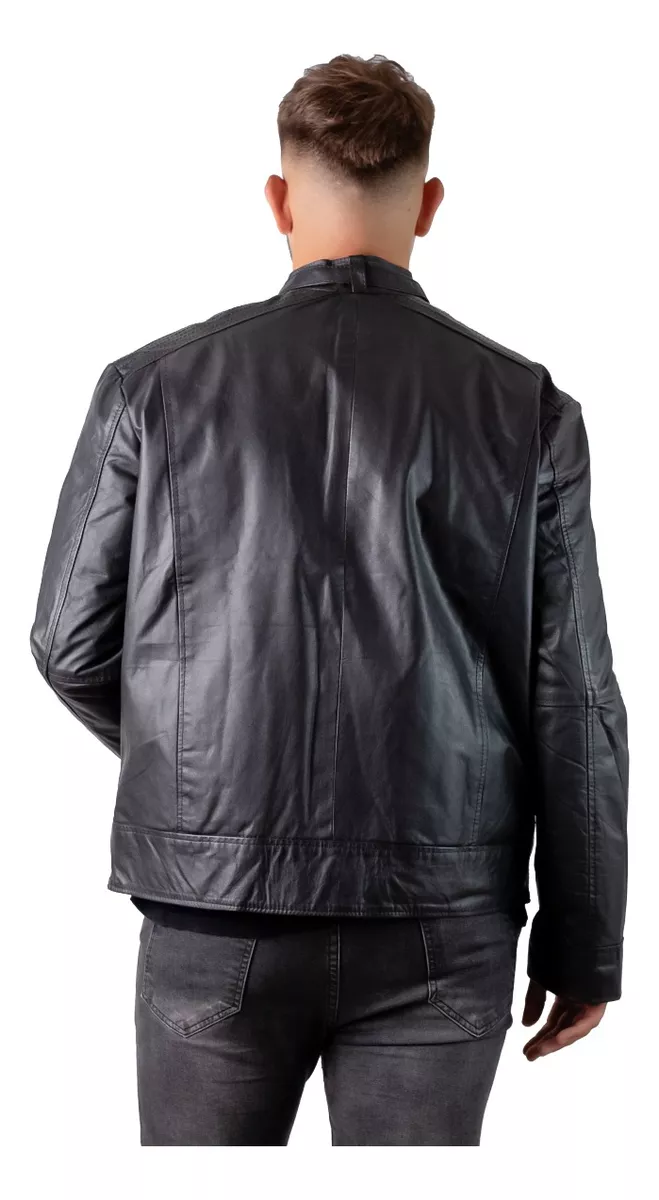 Campera Cuero Vacuno Hombre Motoquera Combinada Con Naranja