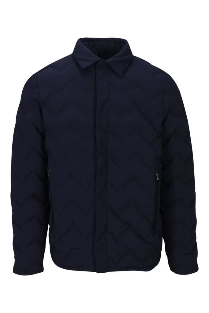 Chaqueta azul oscura con rayas en zigzag y minilogo