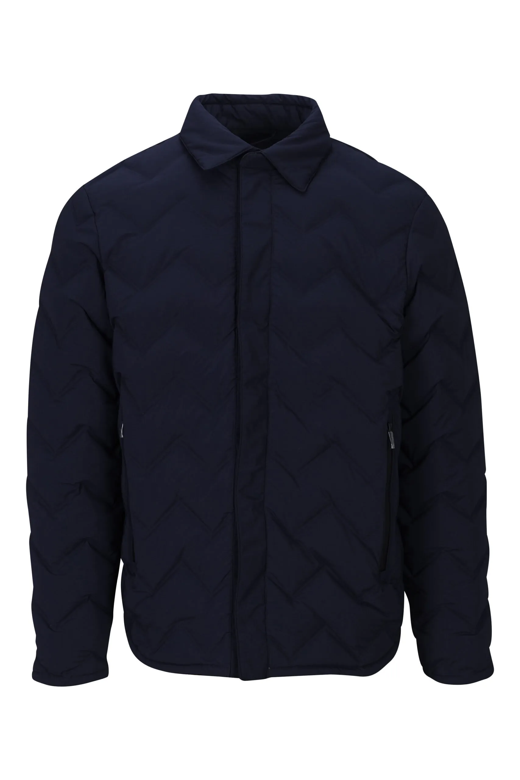 Chaqueta azul oscura con rayas en zigzag y minilogo