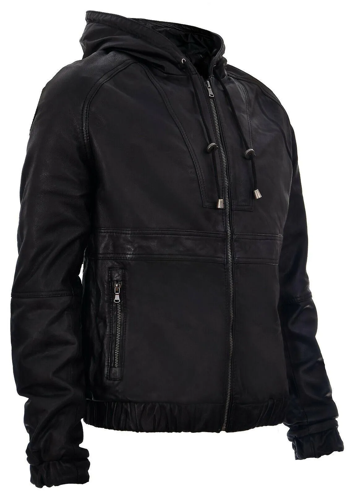 Chaqueta Bomber Biker de cuero vintage negro negro con capucha