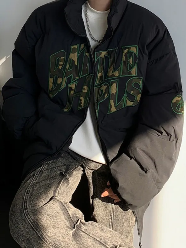 Chaqueta de hombre con bordado de letras y camuflaje