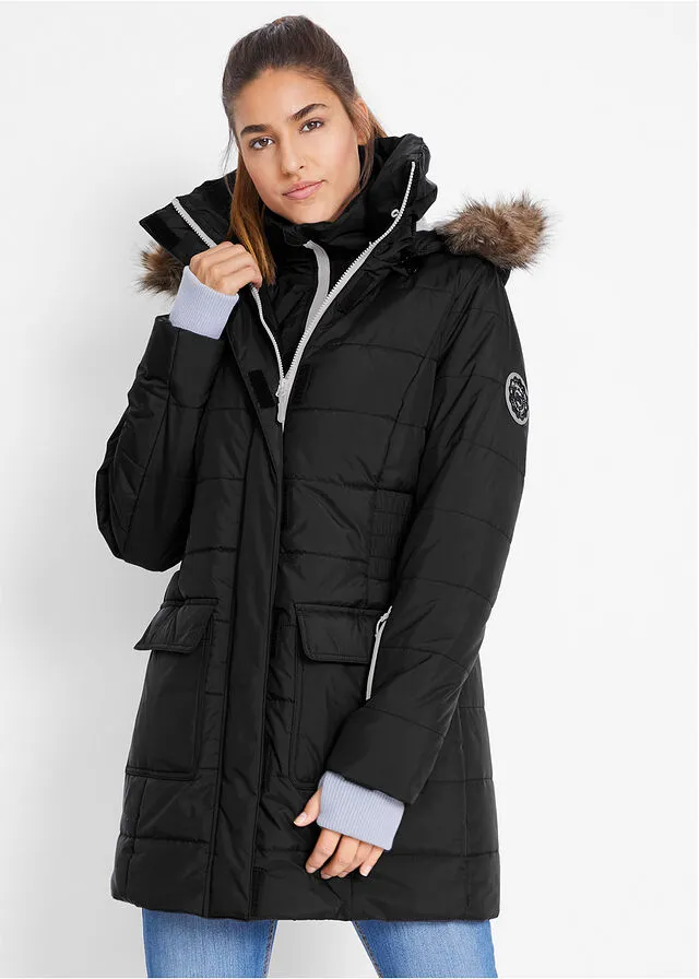 Chaqueta guateada larga funcional con aspecto 2 en 1 Negro
