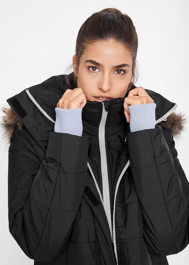 Chaqueta guateada larga funcional con aspecto 2 en 1 Negro