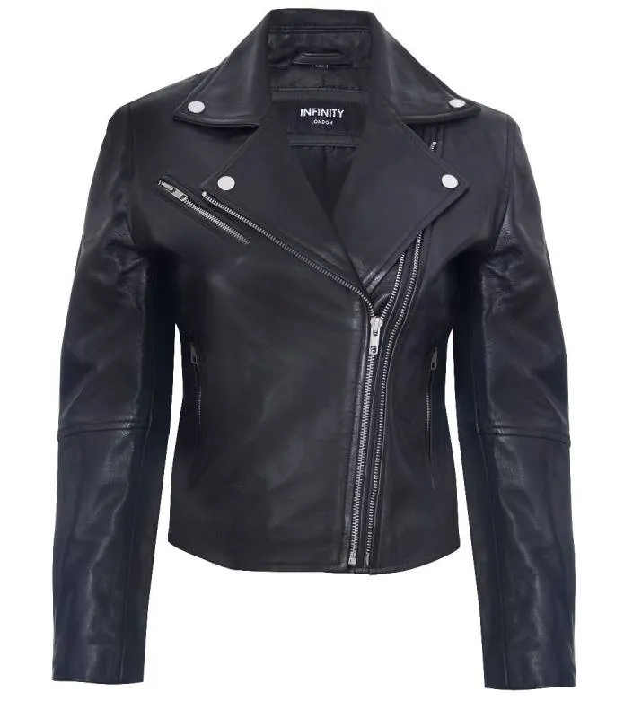 Chaqueta Negra Chica Estilo Cruzada Corta Piel Napa MB087