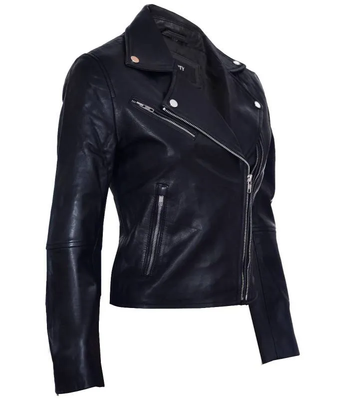 Chaqueta Negra Chica Estilo Cruzada Corta Piel Napa MB087