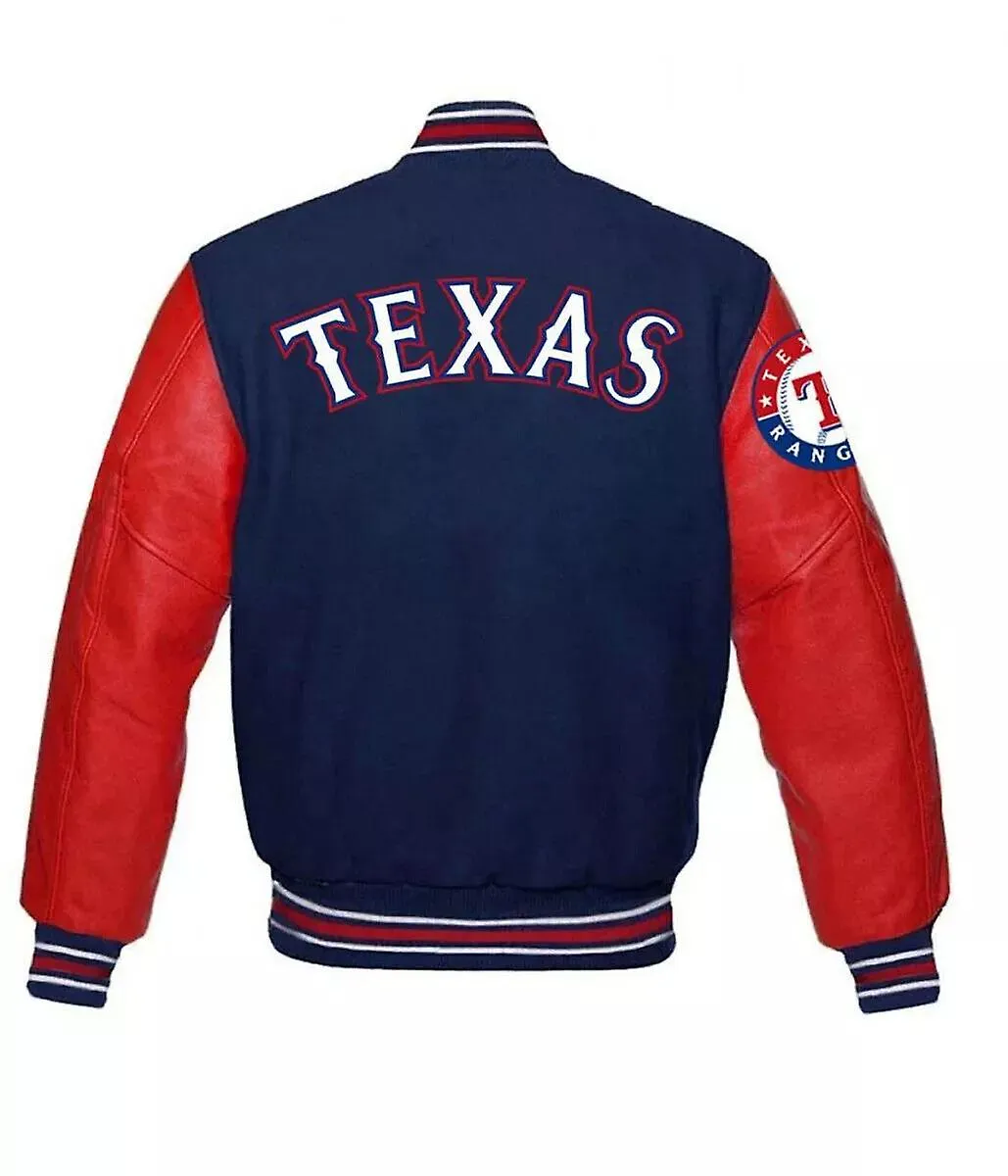 Chaqueta universitaria Letterman texas rangers con mangas de cuero real