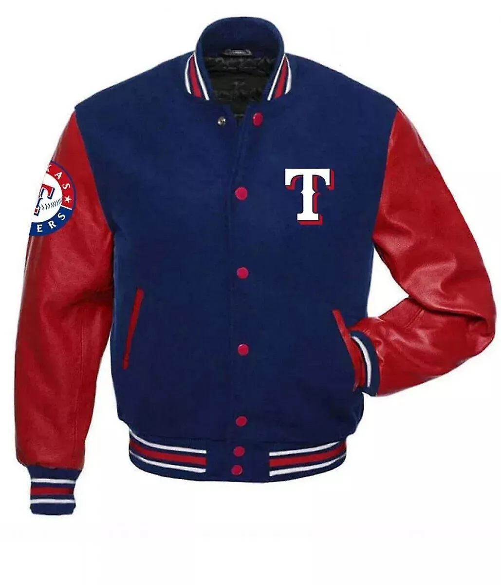Chaqueta universitaria Letterman texas rangers con mangas de cuero real