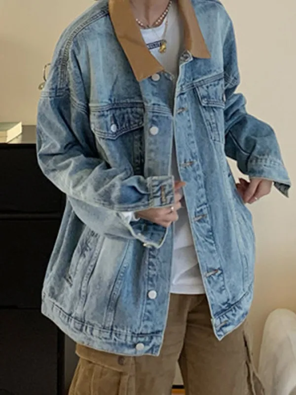 Chaqueta vaquera vintage con cuello de solapa y cuero en contraste