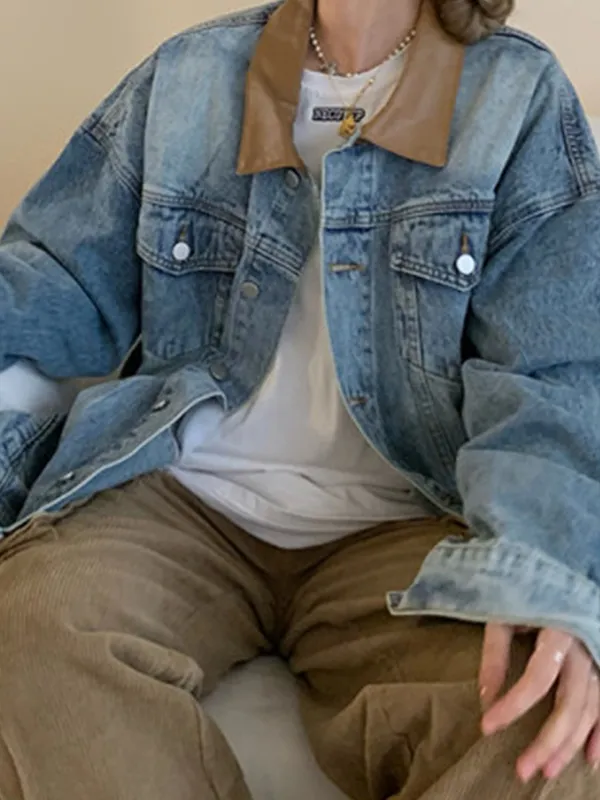Chaqueta vaquera vintage con cuello de solapa y cuero en contraste