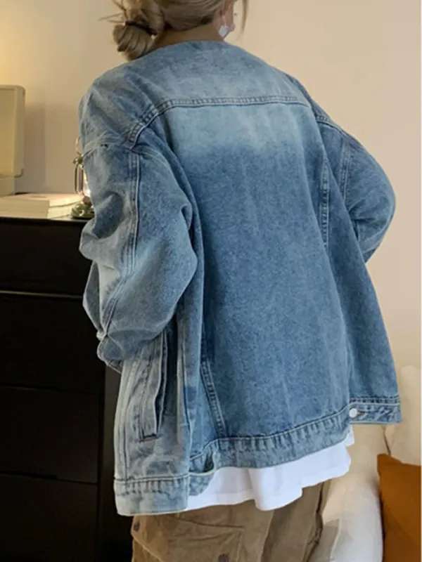 Chaqueta vaquera vintage con cuello de solapa y cuero en contraste