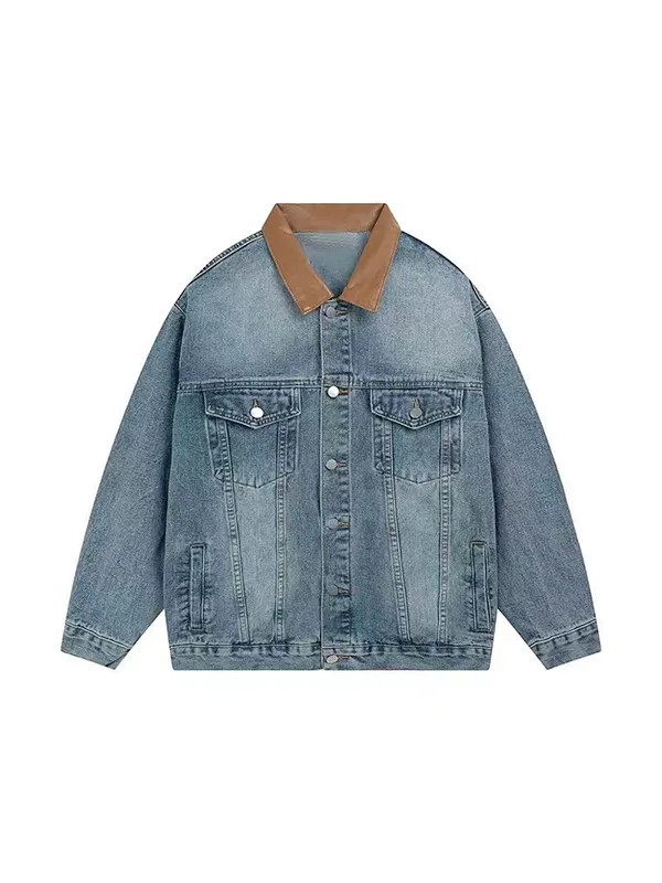Chaqueta vaquera vintage con cuello de solapa y cuero en contraste