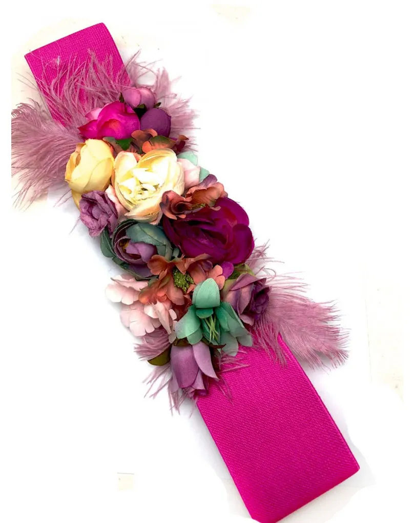CINTURONES PARA MUJER CON PLUMAS Y FLORES EN TONOS ROSAS