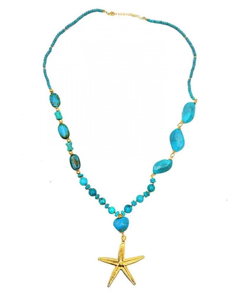 COLLARES LARGOS CON PIEDRAS TURQUESA Y DORADO PARA MUJER