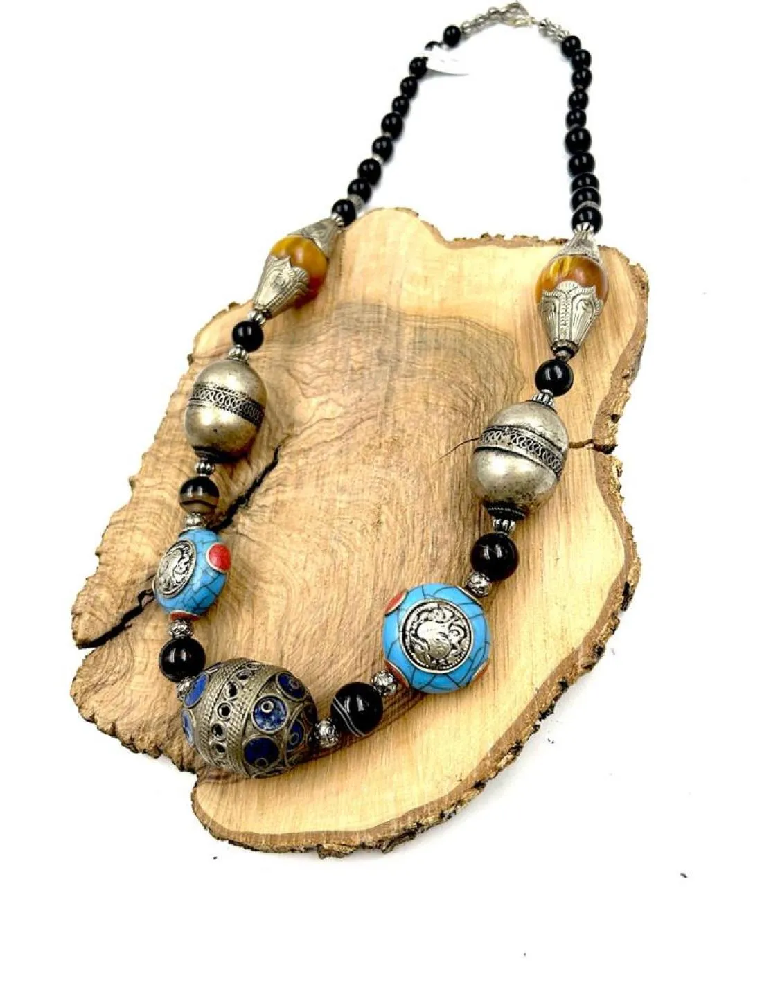 COLLARES PLATA TIBETANA PIEDRA AMBAR ONIX TURQUESA ESTILO TRIBAL