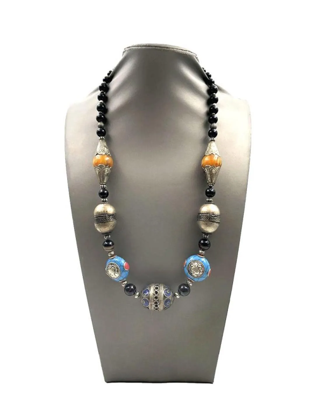 COLLARES PLATA TIBETANA PIEDRA AMBAR ONIX TURQUESA ESTILO TRIBAL