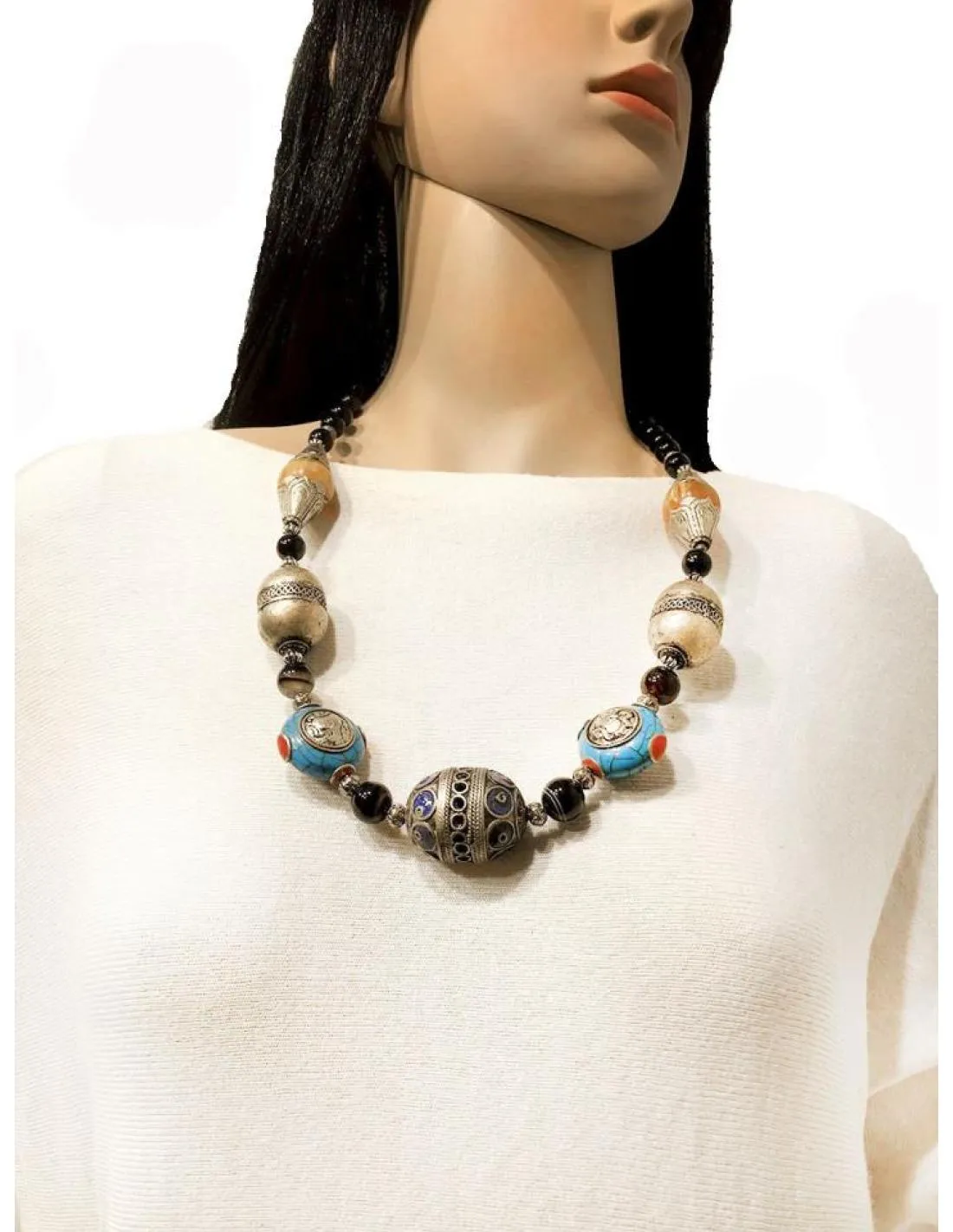 COLLARES PLATA TIBETANA PIEDRA AMBAR ONIX TURQUESA ESTILO TRIBAL