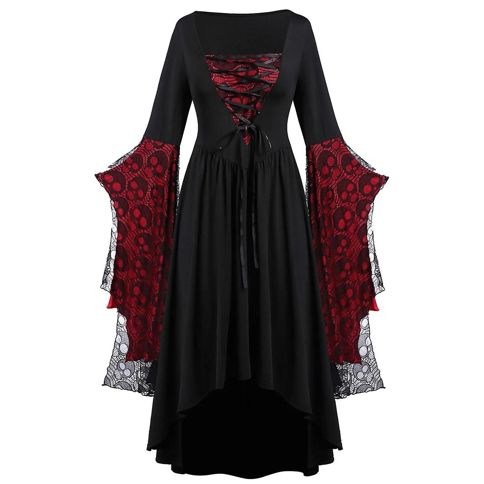 Disfraces de Halloween Mujer Manga Grande Calavera Encaje Estampado Moda Manga Larga Vendaje Vestido Largo Retro