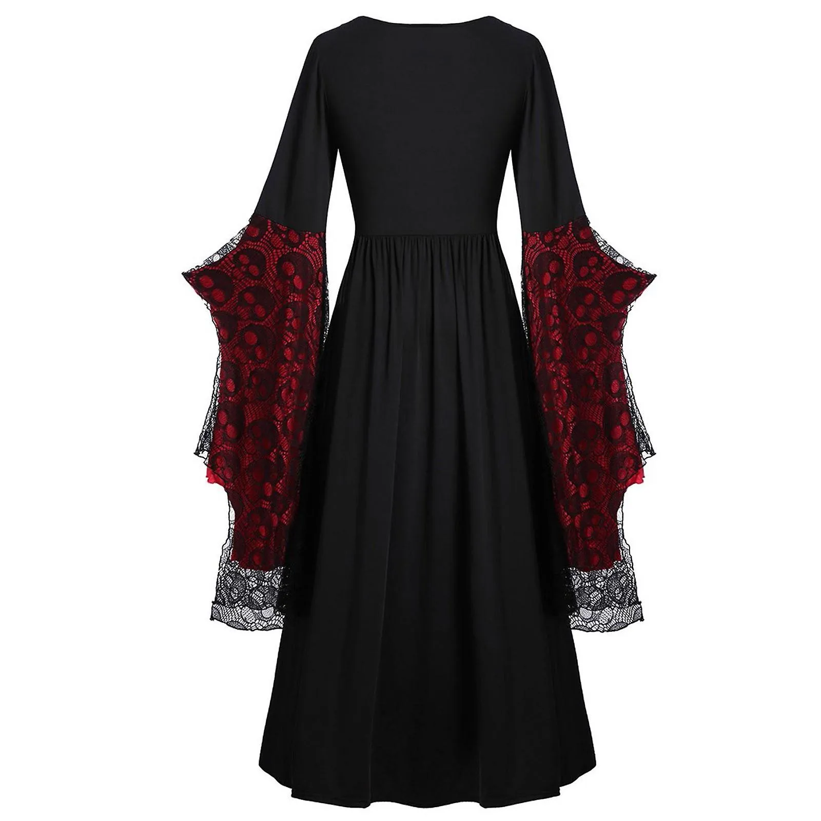 Disfraces de Halloween Mujer Manga Grande Calavera Encaje Estampado Moda Manga Larga Vendaje Vestido Largo Retro